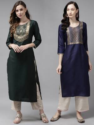 Indo Era Yoke Design Polyester Green & Navy Blue Straight Pack of 2 Kurtas 1