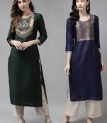 Indo Era Yoke Design Polyester Green & Navy Blue Straight Pack of 2 Kurtas