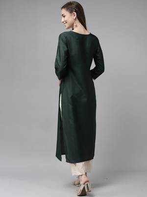 Indo Era Yoke Design Polyester Green & Navy Blue Straight Pack of 2 Kurtas 2