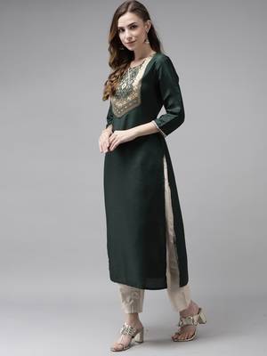 Indo Era Yoke Design Polyester Green & Navy Blue Straight Pack of 2 Kurtas 4