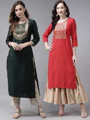 Indo Era Yoke Design Polyester Green & Red Straight Pack of 2 Kurtas 1