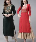 Indo Era Yoke Design Polyester Green & Red Straight Pack of 2 Kurtas