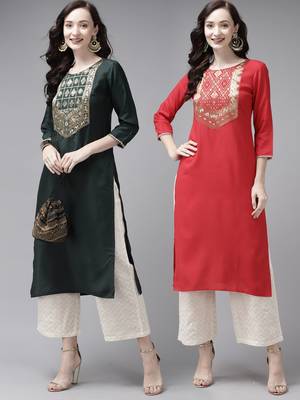 Indo Era Yoke Design Polyester Green & Red Straight Pack of 2 Kurtas 1
