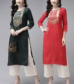 Indo Era Yoke Design Polyester Green & Red Straight Pack of 2 Kurtas