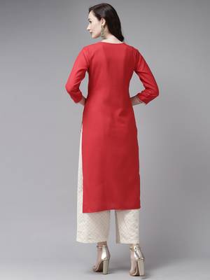 Indo Era Yoke Design Polyester Green & Red Straight Pack of 2 Kurtas 3