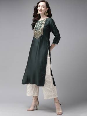 Indo Era Yoke Design Polyester Green & Red Straight Pack of 2 Kurtas 4
