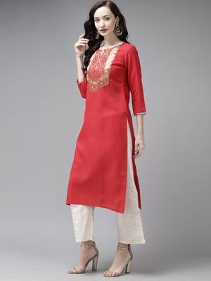 Indo Era Yoke Design Polyester Green & Red Straight Pack of 2 Kurtas 5