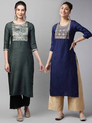 Indo Era Yoke Design Polyester Grey & Navy Blue Straight Pack of 2 Kurtas 1