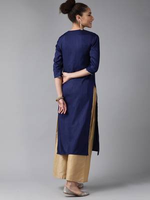 Indo Era Yoke Design Polyester Grey & Navy Blue Straight Pack of 2 Kurtas 3