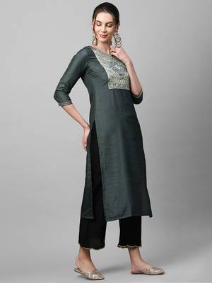Indo Era Yoke Design Polyester Grey & Navy Blue Straight Pack of 2 Kurtas 4