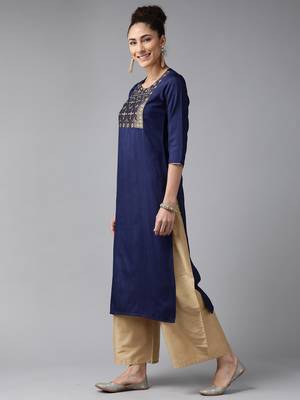 Indo Era Yoke Design Polyester Grey & Navy Blue Straight Pack of 2 Kurtas 5