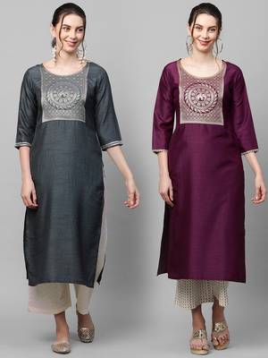 Indo Era Yoke Design Polyester Grey & Wine Straight Pack of 2 Kurtas 1