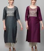 Indo Era Yoke Design Polyester Grey & Wine Straight Pack of 2 Kurtas