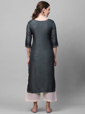 Indo Era Yoke Design Polyester Grey & Wine Straight Pack of 2 Kurtas 2