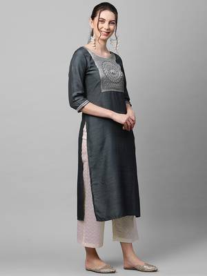 Indo Era Yoke Design Polyester Grey & Wine Straight Pack of 2 Kurtas 4