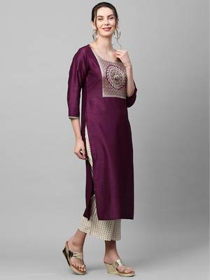 Indo Era Yoke Design Polyester Grey & Wine Straight Pack of 2 Kurtas 5