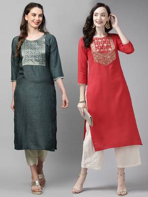 Indo Era Yoke Design Polyester Grey & Red Straight Pack of 2 Kurtas 1