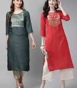 Indo Era Yoke Design Polyester Grey & Red Straight Pack of 2 Kurtas