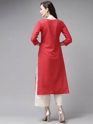 Indo Era Yoke Design Polyester Grey & Red Straight Pack of 2 Kurtas 3