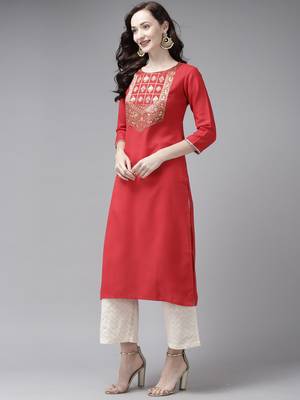 Indo Era Yoke Design Polyester Grey & Red Straight Pack of 2 Kurtas 5