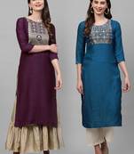 Indo Era Yoke Design Polyester Wine & Blue Straight Pack of 2 Kurtas