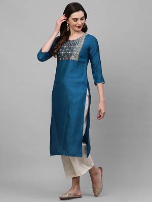 Indo Era Yoke Design Polyester Wine & Blue Straight Pack of 2 Kurtas 5