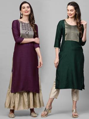 Indo Era Yoke Design Polyester Wine & Green Straight Pack of 2 Kurtas 1