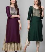 Indo Era Yoke Design Polyester Wine & Green Straight Pack of 2 Kurtas