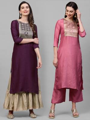 Indo Era Yoke Design Polyester Wine & Pink Straight Pack of 2 Kurtas 1