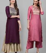 Indo Era Yoke Design Polyester Wine & Pink Straight Pack of 2 Kurtas