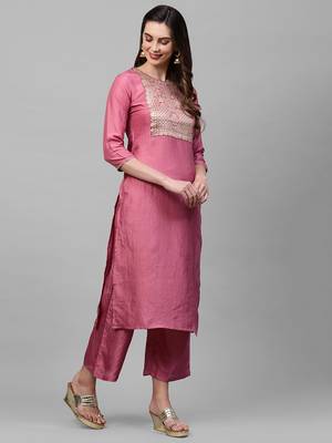 Indo Era Yoke Design Polyester Wine & Pink Straight Pack of 2 Kurtas 5