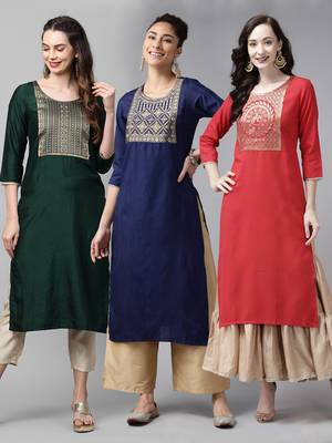 Indo Era Yoke Design Polyester Multicolored Straight Pack of 3 Kurtas 1