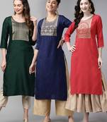 Indo Era Yoke Design Polyester Multicolored Straight Pack of 3 Kurtas