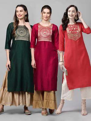 Indo Era Yoke Design Polyester Multicolored Straight Pack of 3 Kurtas 1