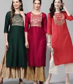 Indo Era Yoke Design Polyester Multicolored Straight Pack of 3 Kurtas
