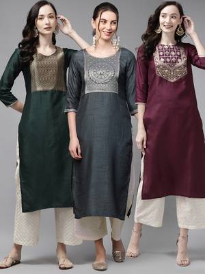 Indo Era Yoke Design Polyester Multicolored Straight Pack of 3 Kurtas 1