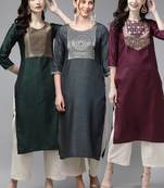 Indo Era Yoke Design Polyester Multicolored Straight Pack of 3 Kurtas