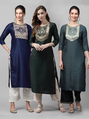 Indo Era Yoke Design Polyester Multicolored Straight Pack of 3 Kurtas 1
