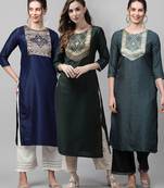 Indo Era Yoke Design Polyester Multicolored Straight Pack of 3 Kurtas