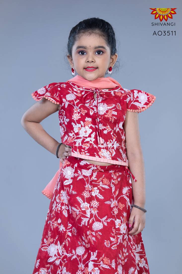 Shivangi Girls Red Block Print Lehenga with Dupatta