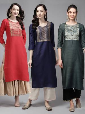 Indo Era Yoke Design Polyester Multicolored Straight Pack of 3 Kurtas 1
