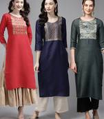 Indo Era Yoke Design Polyester Multicolored Straight Pack of 3 Kurtas