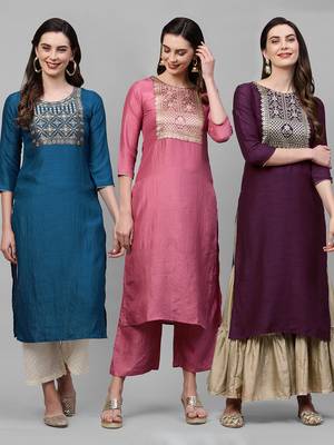 Indo Era Yoke Design Polyester Multicolored Straight Pack of 3 Kurtas 1