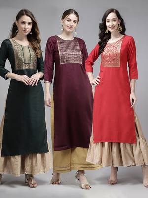 Indo Era Yoke Design Polyester Multicolored Straight Pack of 3 Kurtas 1