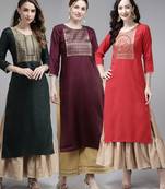 Indo Era Yoke Design Polyester Multicolored Straight Pack of 3 Kurtas