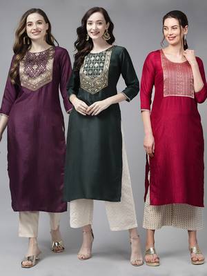 Indo Era Yoke Design Polyester Multicolored Straight Pack of 3 Kurtas 1