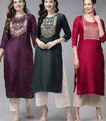 Indo Era Yoke Design Polyester Multicolored Straight Pack of 3 Kurtas