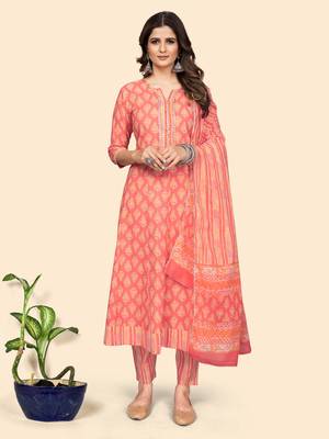 Vbuyz Women'S Print & Gota Patti Anarkali Cotton Coral Stitched Kurta Pant With Dupatta 1