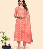 Vbuyz Women'S Print & Gota Patti Anarkali Cotton Coral Stitched Kurta Pant With Dupatta