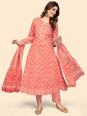 Vbuyz Women'S Print & Gota Patti Anarkali Cotton Coral Stitched Kurta Pant With Dupatta 3